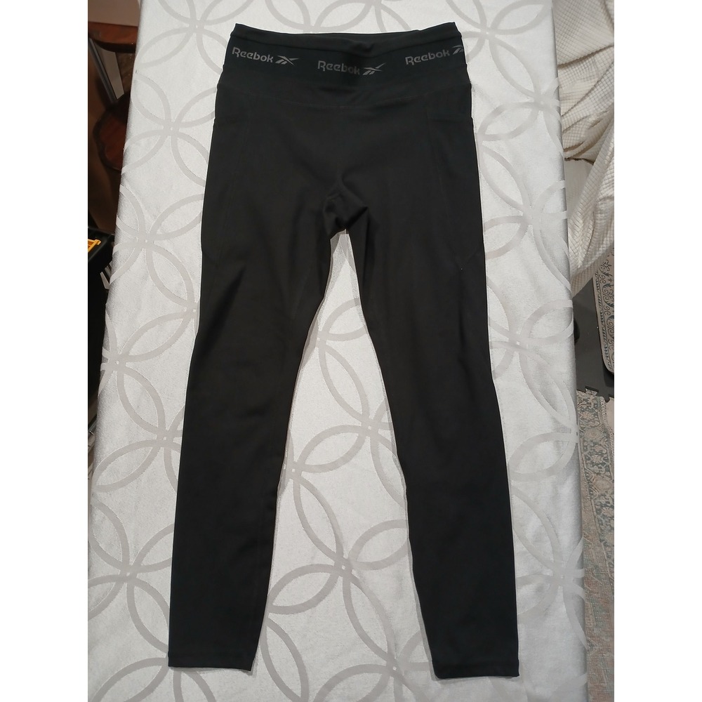 Reebok Womens Black Logo Waistband Athletic Leggings with Pockets Small